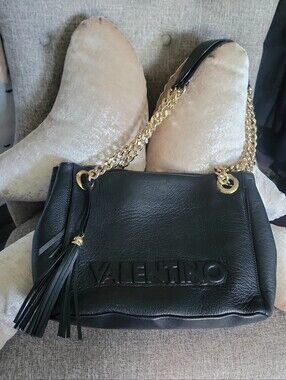 Valentino Black Leather Shoulder Bag with Gold Chain